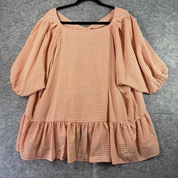 LC Lauren Conrad White Orange Preppy Plaid Balloon Sleeve Peplum Top Size 4x - Picture 10 of 12